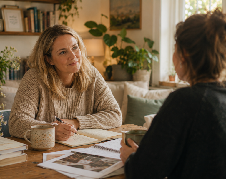 Building Confidence as a Home Educating Parent Parent having a calm and supportive home education guidance conversation with notebook and tea in a warm home setting.