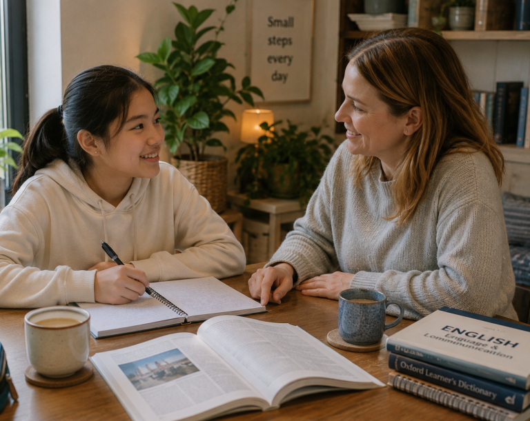 English language support for international learners adjusting to life and learning in the UK Conversational English language support session between an adult and international learner in a relaxed learning environment