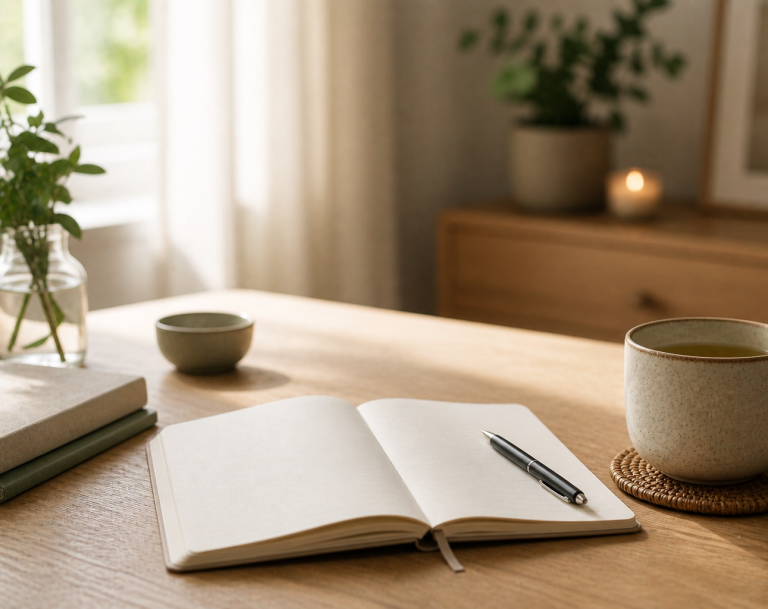 Areas of support - thoughtful, practical guidance shaped around each family’s needs Notebook & pen on a table with a cup of tea & plants in a calm home setting, representing planning & support for families & young people