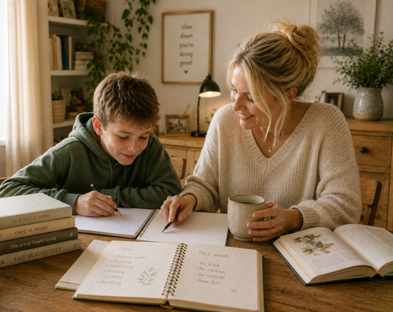 Starting Home Education Support for Families | ETC-UK Home Education Guidance Parent supporting a teenager during a calm home education learning session at a kitchen table in a warm home environment.