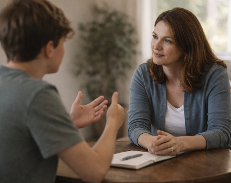Young person speaking while an adult listens attentively during a coaching session