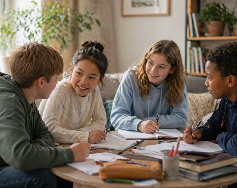 A small group of young learners sitting together around a table in a calm home-style setting, during an education support session 
