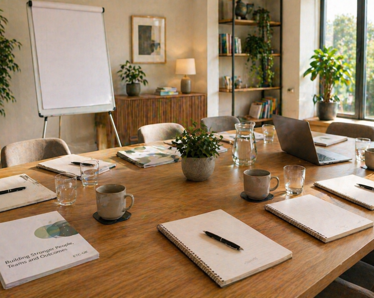 Prepared workshop table with notebooks, laptop and flipchart for management and staff training session