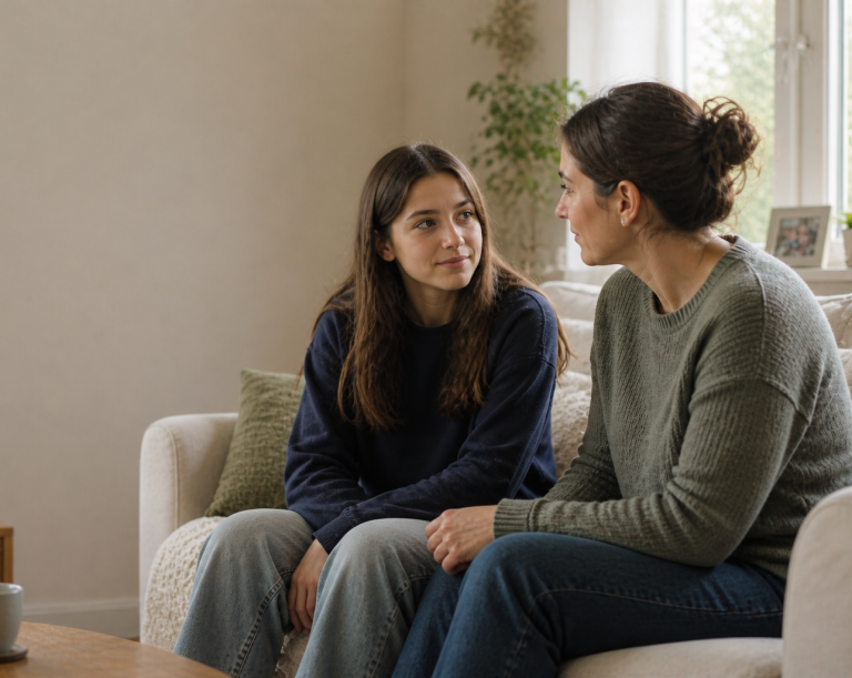 A space to think things through - calm, supportive conversations that help make sense of what’s going on Parent and teenage girl sitting together on a sofa in a calm home setting, having a thoughtful and supportive conversation