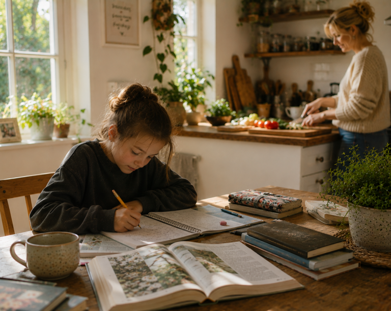 Flexible Home Education Rhythm in Everyday Family Life Young girl concentrating on independent home learning at a kitchen table while a parent prepares food in the background, showing a calm and