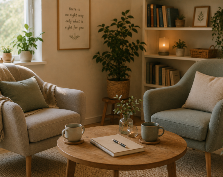 A calm space to explore educational support and next steps Calm consultation space with chairs, tea, and notebook representing educational support conversations and next steps