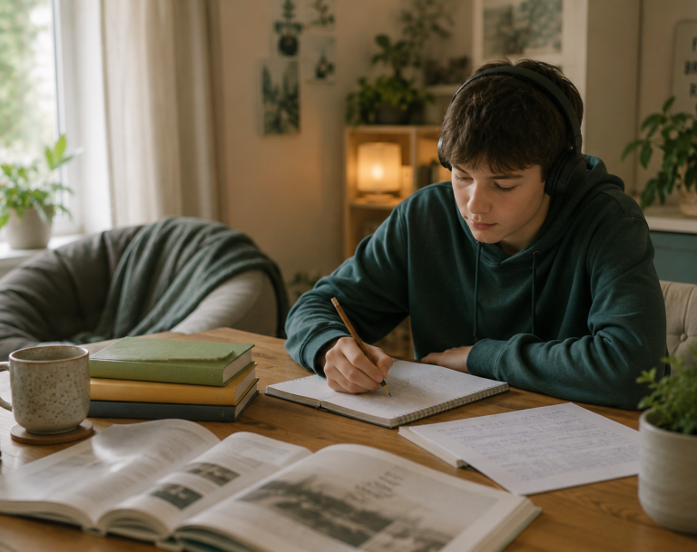 Flexible and SEN-friendly educational support Young person working calmly in a flexible, SEN-friendly home learning environment with low-pressure educational support