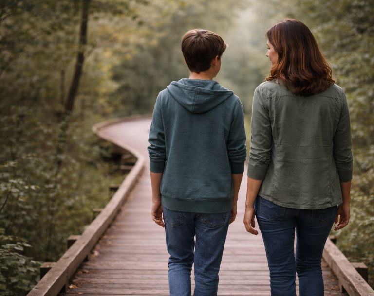 Adult and young person walking side by side along a woodland path, representing guidance and transition