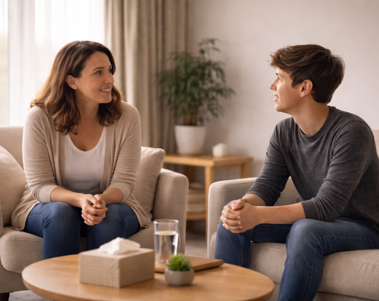 One-to-one coaching conversation in a calm and supportive setting