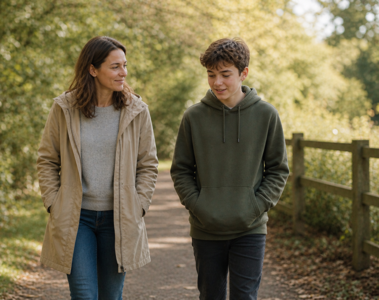 Working together - steady, supportive steps forward, at a pace that feels right Parent and teenage boy walking together along a path in a natural outdoor setting, talking calmly and supporting each other