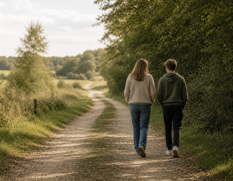 Seeing the whole picture, together Woman and young person walking side by side along a quiet countryside path, with open landscape ahead, representing steady support and share
