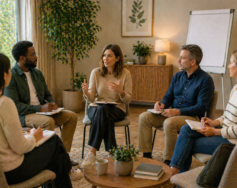 Business team training session with professionals discussing communication and workplace development.