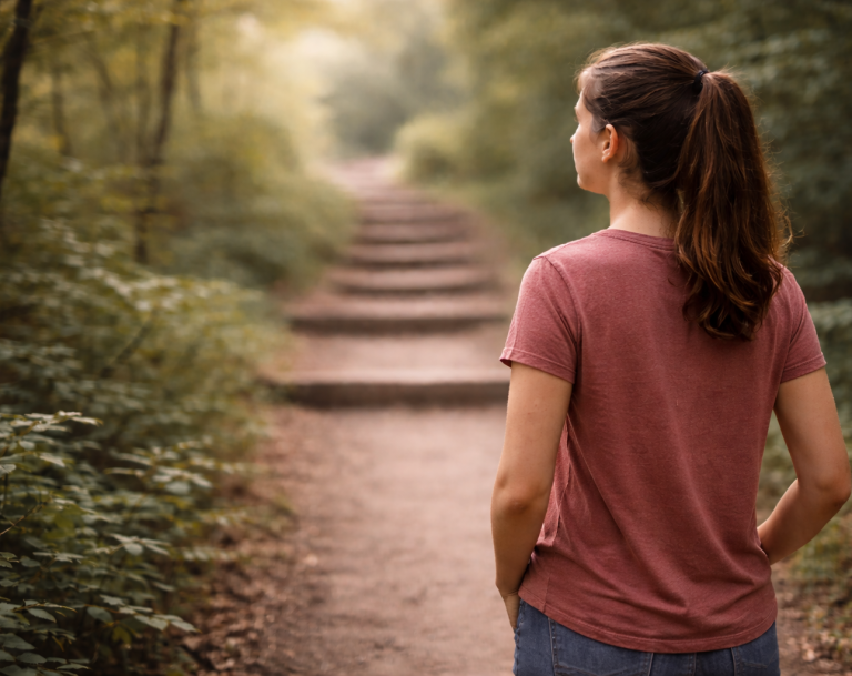 Young person pausing on a woodland path, looking ahead and reflecting on next steps
