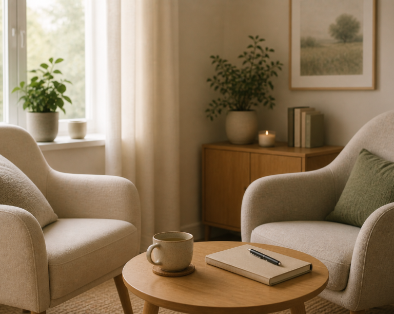 A calm space to consider next steps Calm consultation space with two armchairs, notebook and tea, representing support for families considering next steps and seeking guidance