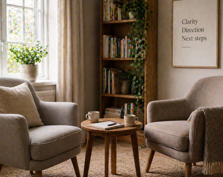 Two comfortable chairs with table, notebooks and warm natural light symbolising a supportive conversation about next steps.