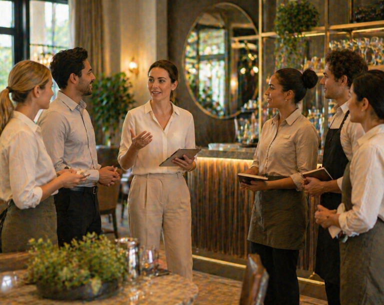 Hospitality staff team briefing in restaurant setting for customer service and communication training.