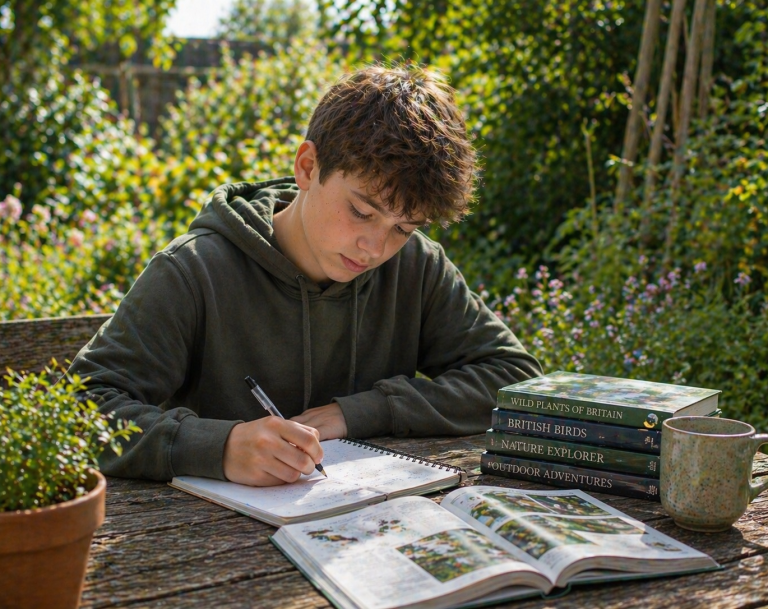 Teenager studying outdoors at a wooden table with books and notebook surrounded by greenery and natural light.