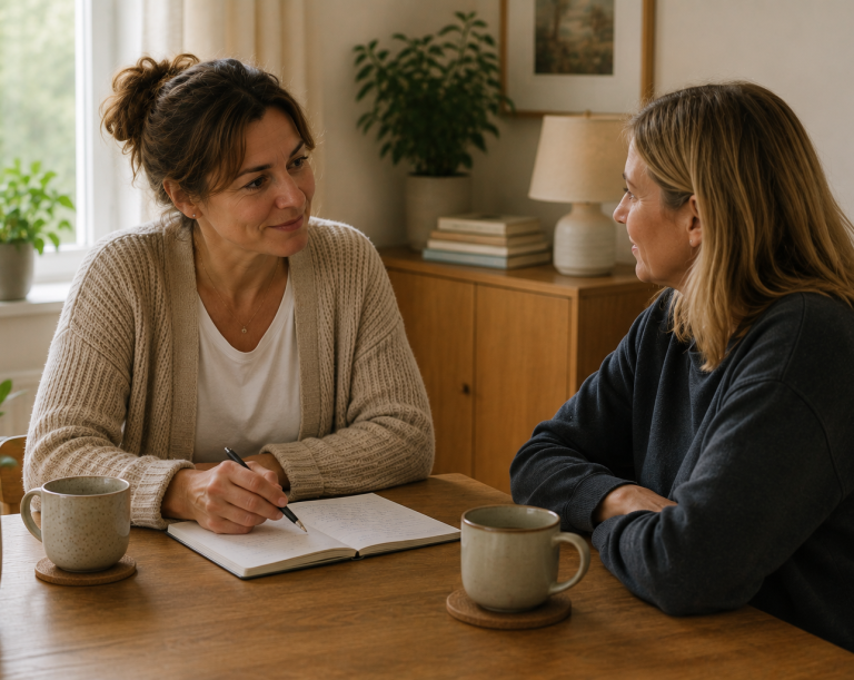 Parent guidance and supportive conversations around learning, wellbeing, and next steps Parent and supportive adult having a thoughtful conversation in a calm home setting