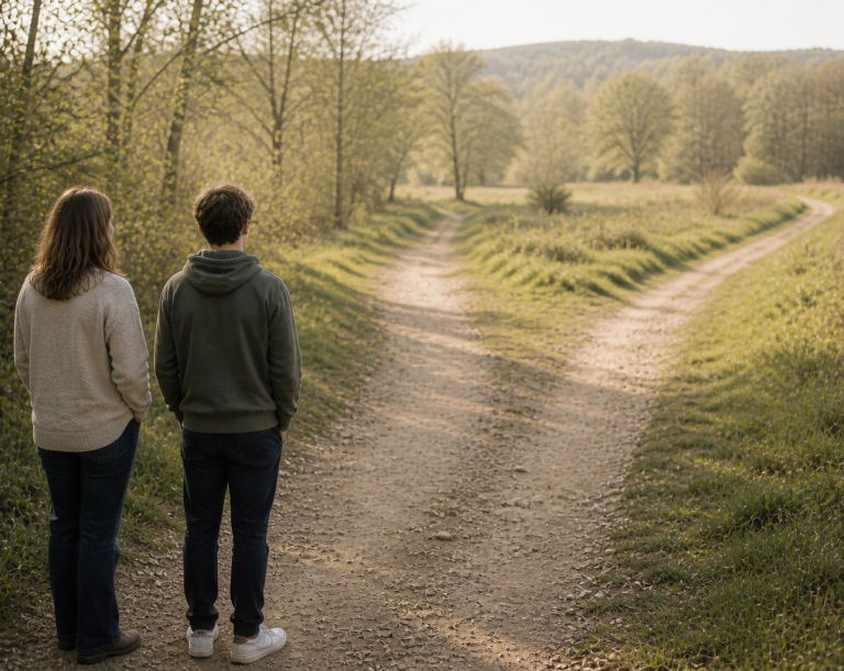 Considering next steps with support – coaching for young people and families in Shropshire and online Young person and supportive adult standing together at a gently diverging countryside path, reflecting on next steps in a calm, natural sett