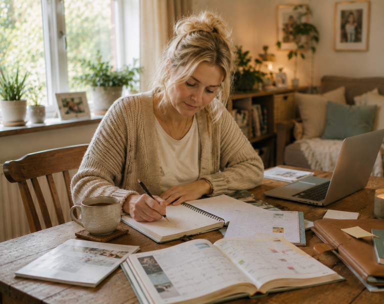 Navigating Home Education Next Steps and Educational Planning Parent calmly organising educational notes and planning next steps for home education in a warm family home environment.