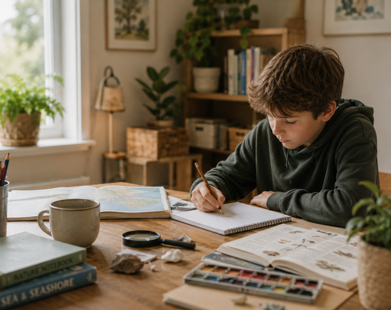 Flexible home education support and personalised learning Young person engaged in calm home education learning with creative and nature-based study materials in a relaxed home environment